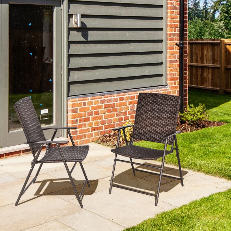 Outsunny 2pcs Folding Garden Chair Rattan Bistro Set with Armrest for Outdoor Steel Frame
