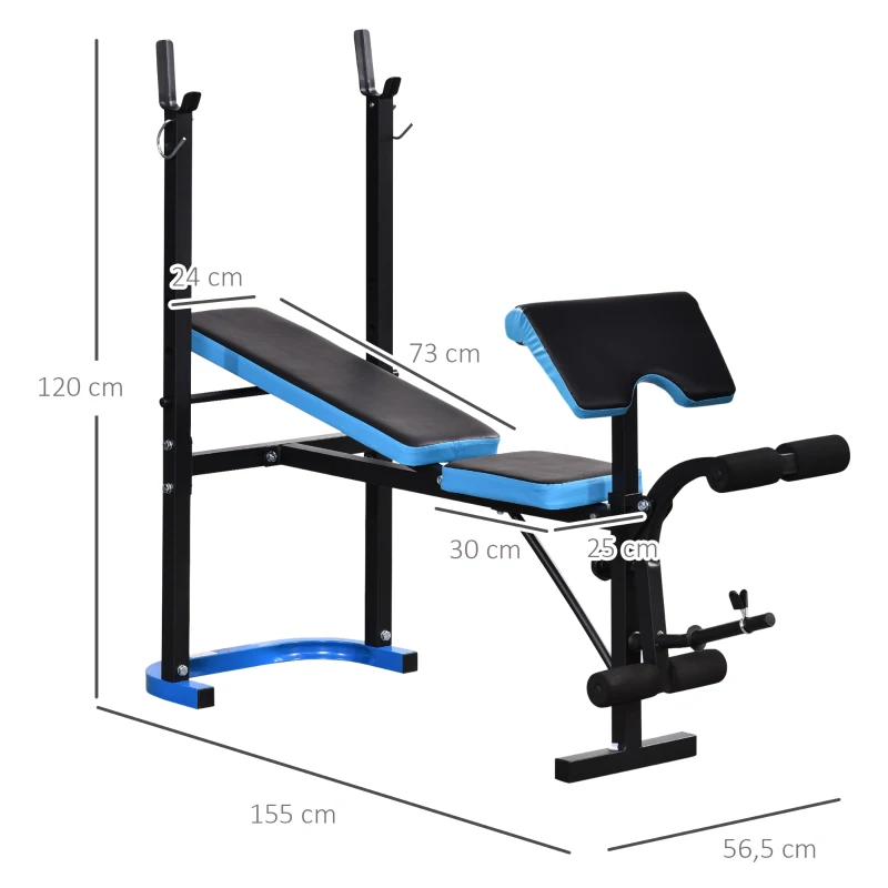 HOMCOM Banco de Musculación Banco de Pesas con Soporte para Barra y Respaldo Ajustable para Entrenamiento en Casa Gimnasio Azul