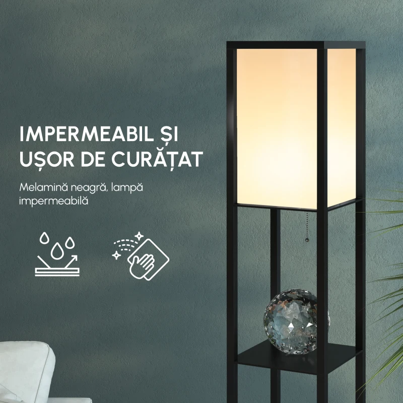 HOMCOM Lampa Pom cu Librarie 3 Niveluri Negru 26 x 26 x 160 cm