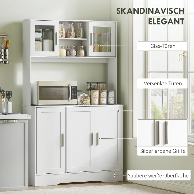 HOMCOM Keukenkast, Scandinavisch Design, 4 Kasten, Verstelbare Planken, Glazen Deuren, Open Vak, Spaanplaat, MDF, Wit(m-6)