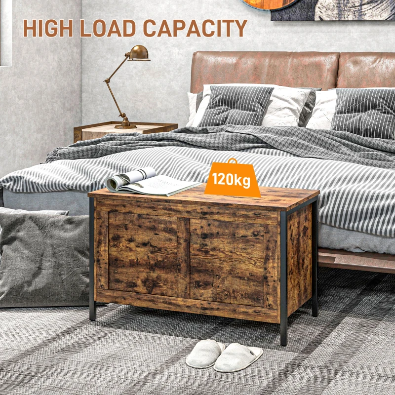 HOMCOM Bancă de Depozitare de 95L în Stil Industrial cu Capac cu Balamale de Siguranță, 80x40x49 cm, Maro Rustic