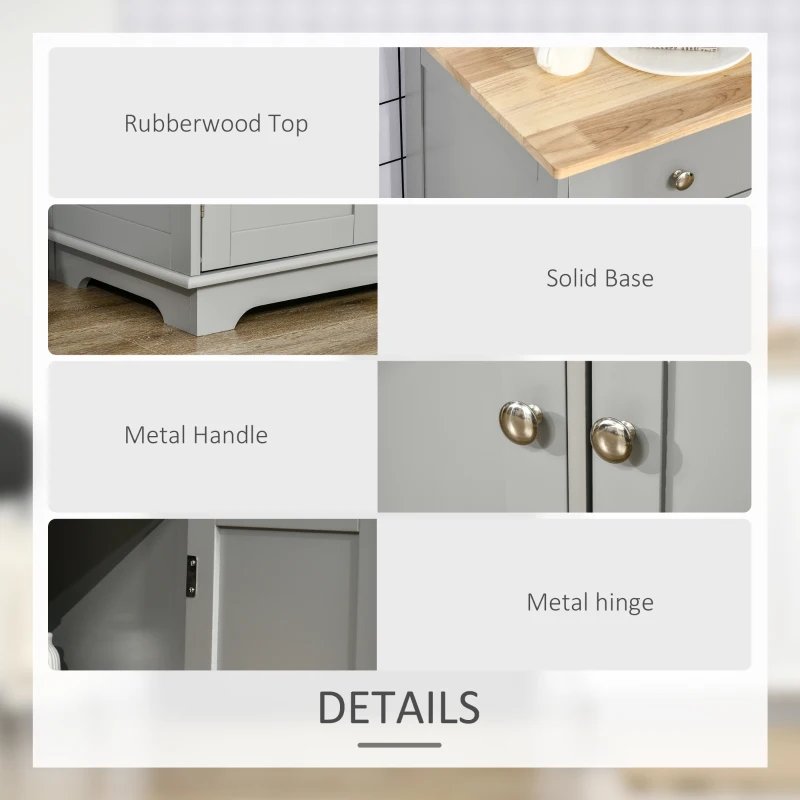 HOMCOM Sideboard with Rubberwood Top and Adjustable Shelves for Dining Room, Kitchen - Grey