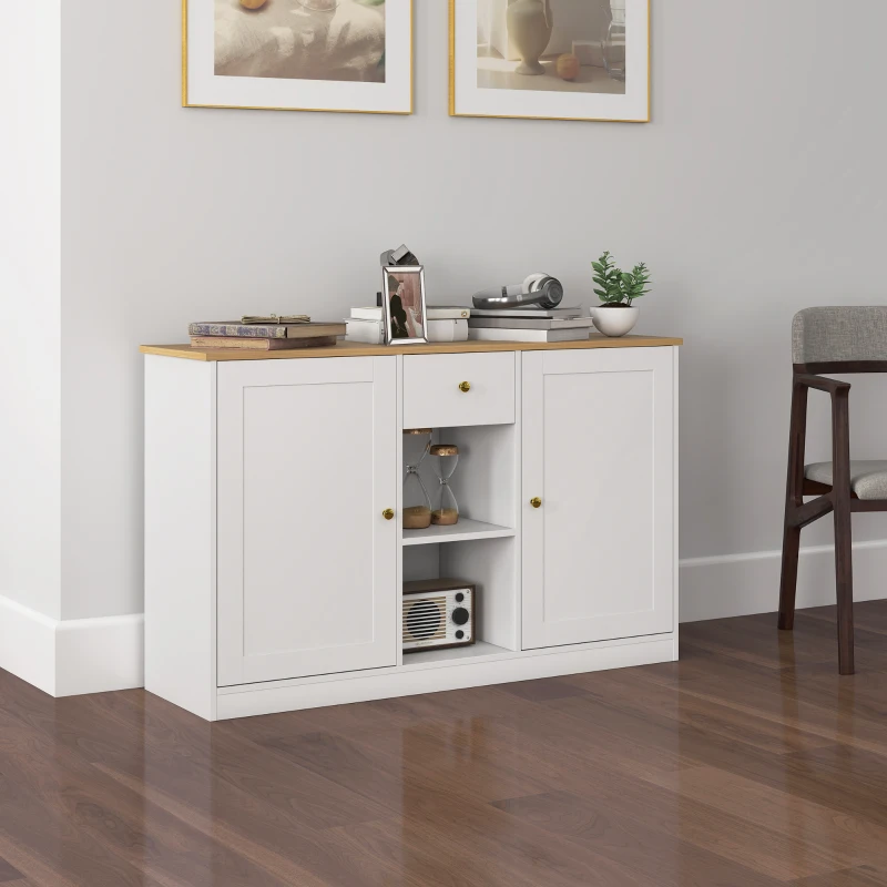 HOMCOM Küchenkommode, Sideboard mit Schublade, Schränken, Regalen, Spanplatte, Weiß(m-2)