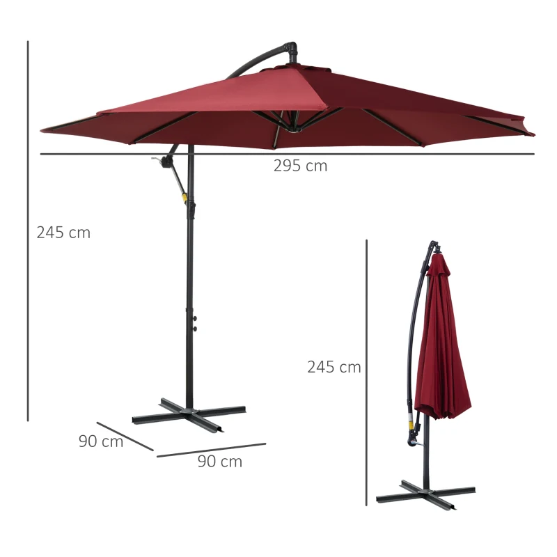 Outsunny Chapéu de Sol de Jardim Ø295x245 cm Chapéu de Sol Excêntrico Inclinável com Manivela Base Cruzada Vinho