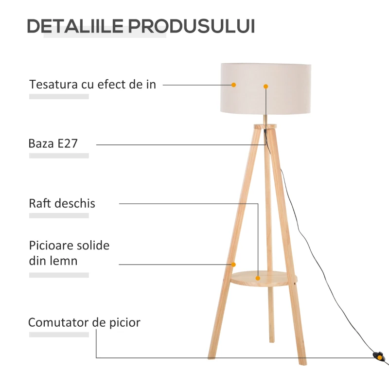 HOMCOM lampa din lemn, intrerupator pedala, inaltime 154cm