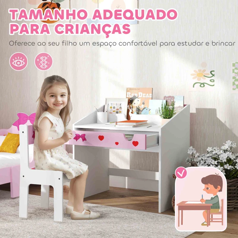 AIYAPLAY Conjunto de Secretária e Cadeira para Crianças com Gaveta Amovível e Compartimento para Dormitório Sala de Jogos Rosa e Branco