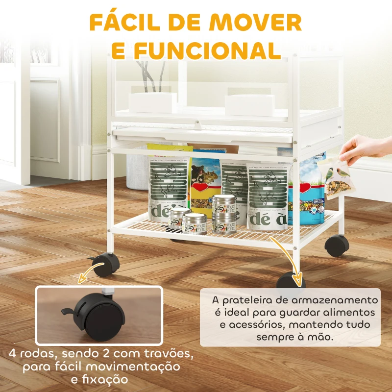 PawHut Gaiola para Pássaros de 2 Níveis com Rodas Painéis Acrílicos Comedouros Prateleira Bandejas Amovíveis  48x46x134,5 cm Branco