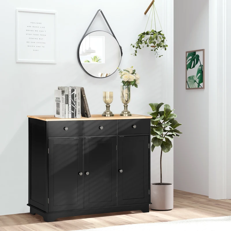 HOMCOM Sideboard with Rubberwood Top and Adjustable Shelves for Dining Room, Kitchen - Black