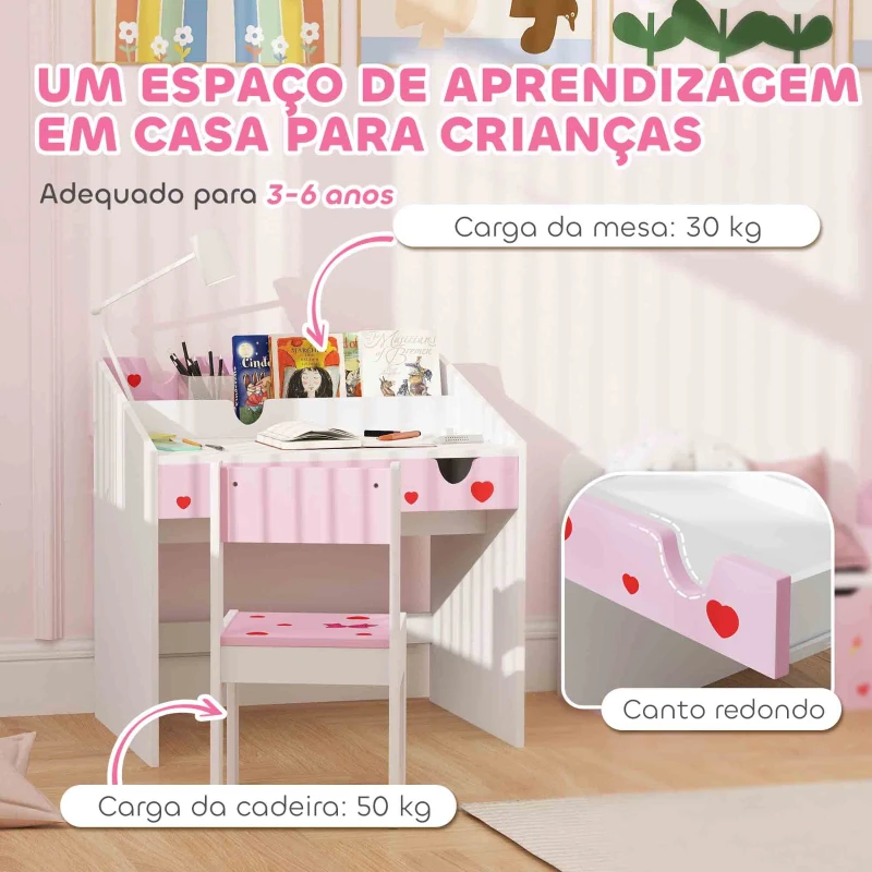 AIYAPLAY Conjunto de Secretária e Cadeira para Crianças com Gaveta Amovível e Compartimento para Dormitório Sala de Jogos Rosa e Branco