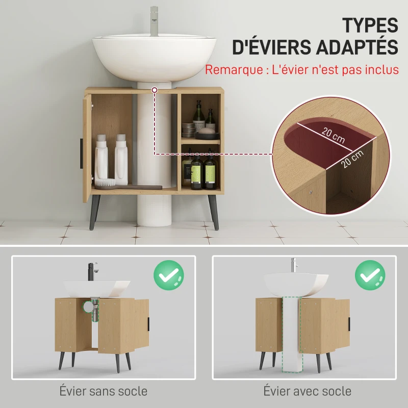 HOMCOM Meuble sous lavabo salle de bain avec porte à fermeture progressive et étagère réglable, 60 x 30 x 59,5 cm, chêne