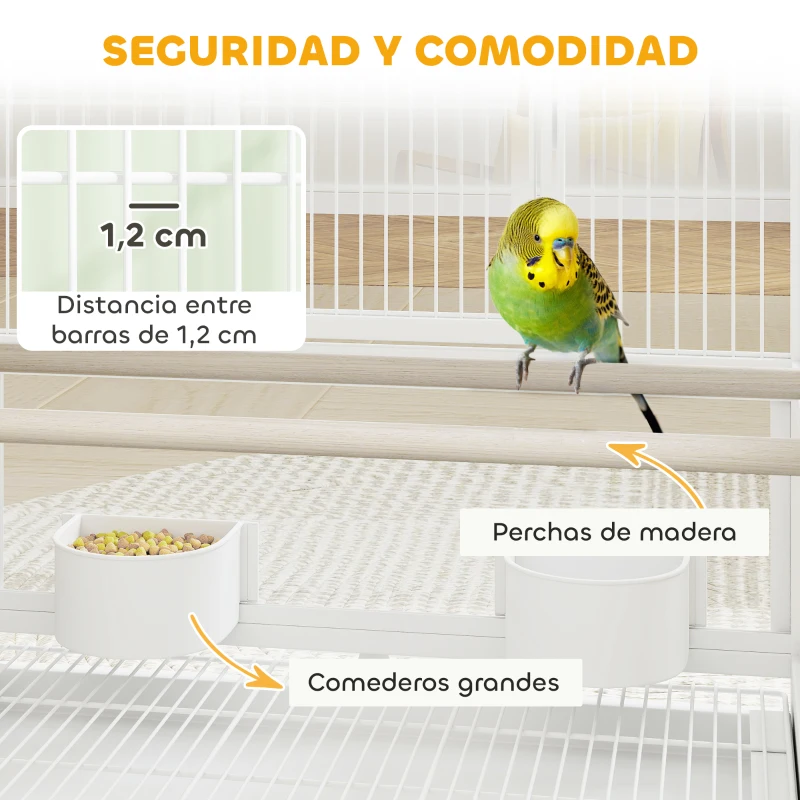PawHut Jaula para Pájaros de 2 Niveles con Paneles Acrílicos Comederos Perchas Ruedas y Estante Inferior 48x46x134,5 cm Blanco