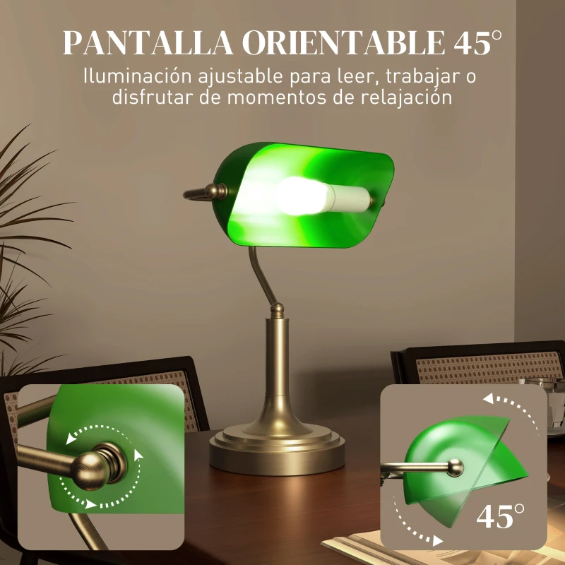HOMCOM Lámpara de Escritorio Banquero E27 con Pantalla Ajustable Interruptor Basculante para Hogar Oficina Biblioteca Verde