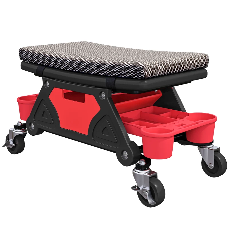 HOMCOM Rolling Mechanic Stool, 135kg Capacity Workshop Stool, 360° Swivel Roller Padded Creeper Seat with Wheels, Slide Out Tool Trays and Drawer for Garage, Shop, Auto Repair, Black