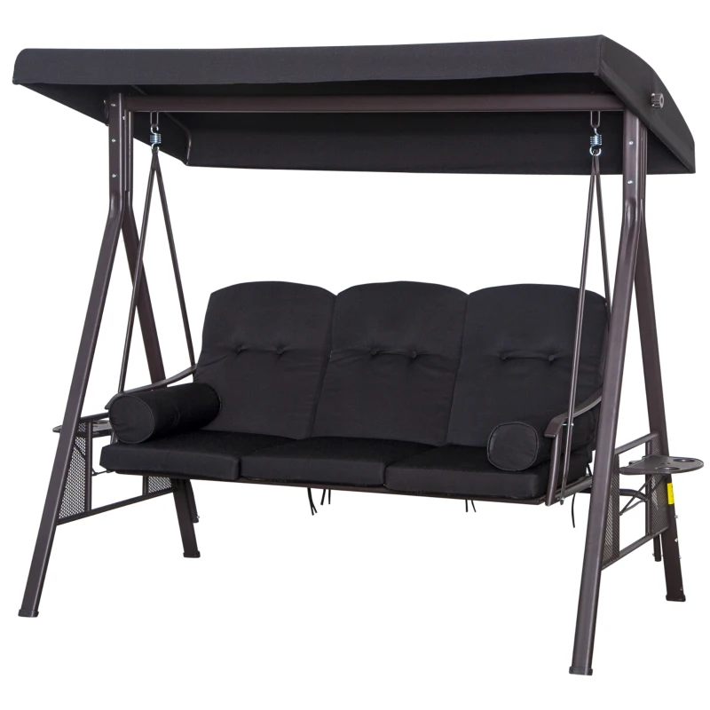 Outsunny Banco Baloiço de Jardim de 3 Lugares com Teto 2 Almofadas Suporte para Bebidas 206x116x183 cmPreto