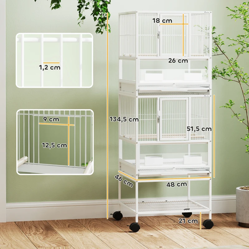PawHut Gaiola para Pássaros de 2 Níveis com Rodas Painéis Acrílicos Comedouros Prateleira Bandejas Amovíveis  48x46x134,5 cm Branco