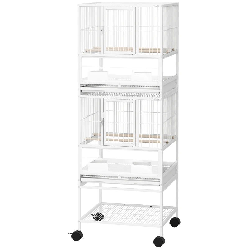 PawHut Gaiola para Pássaros de 2 Níveis com Rodas Painéis Acrílicos Comedouros Prateleira Bandejas Amovíveis  48x46x134,5 cm Branco