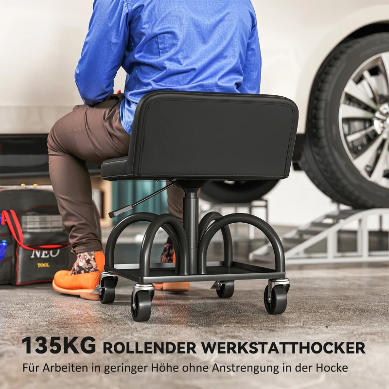 HOMCOM Werkstatthocker mit Rollen Ablagefläche, 58,5 cm hoch Rollhocker bis 135 kg belastbar Schwarz