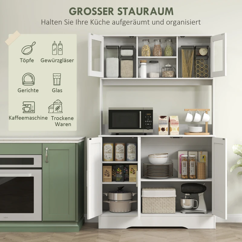 HOMCOM Keukenkast, Scandinavisch Design, 4 Kasten, Verstelbare Planken, Glazen Deuren, Open Vak, Spaanplaat, MDF, Wit(m-4)
