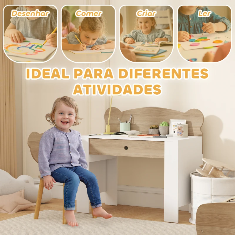 AIYAPLAY Secretária para Crianças com Cadeira em Forma de Ursinho Secretária Infantil com Gaveta para Estudar Ler e Desenhar Branco e Madeira