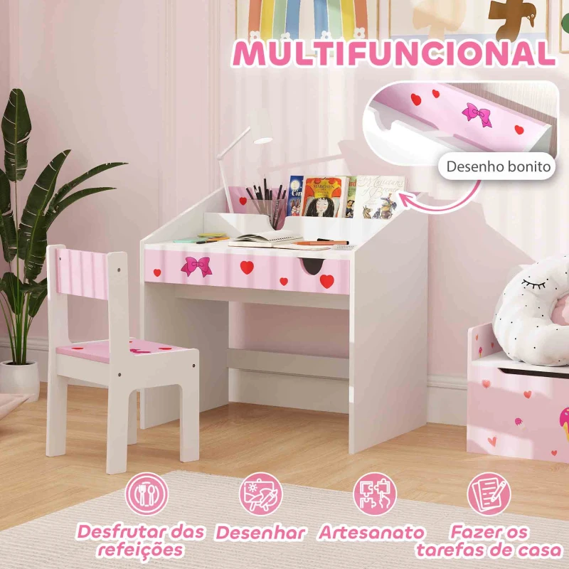 AIYAPLAY Conjunto de Secretária e Cadeira para Crianças com Gaveta Amovível e Compartimento para Dormitório Sala de Jogos Rosa e Branco