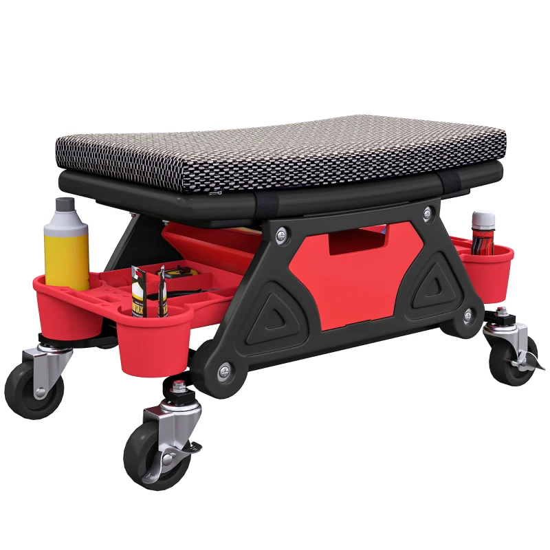 HOMCOM Rolling Mechanic Stool, 135kg Capacity Workshop Stool, 360° Swivel Roller Padded Creeper Seat with Wheels, Slide Out Tool Trays and Drawer for Garage, Shop, Auto Repair, Black