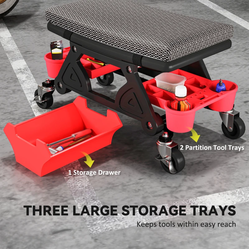 HOMCOM Rolling Mechanic Stool, 135kg Capacity Workshop Stool, 360° Swivel Roller Padded Creeper Seat with Wheels, Slide Out Tool Trays and Drawer for Garage, Shop, Auto Repair, Black