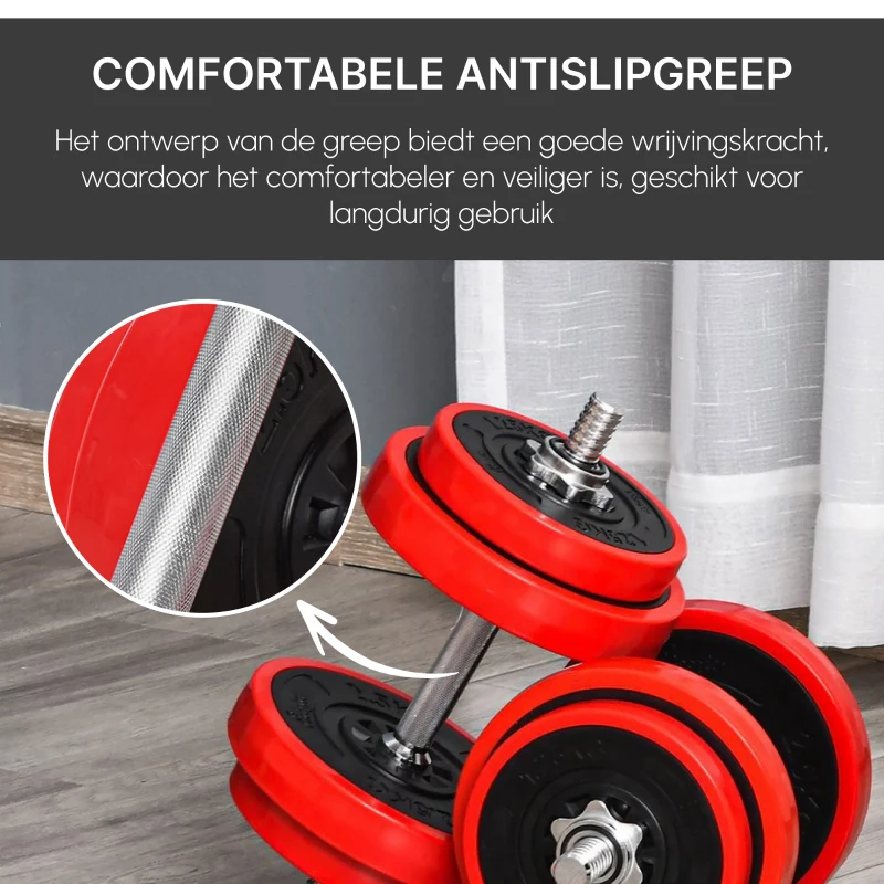 HOMCOM dumbbell set 20 kg 2-IN-1 dumbbells & barbells verstelbaar gewichtheffen voor thuis fitness spier rood + zwart 21,5 x 21,5 x 3,8 cm