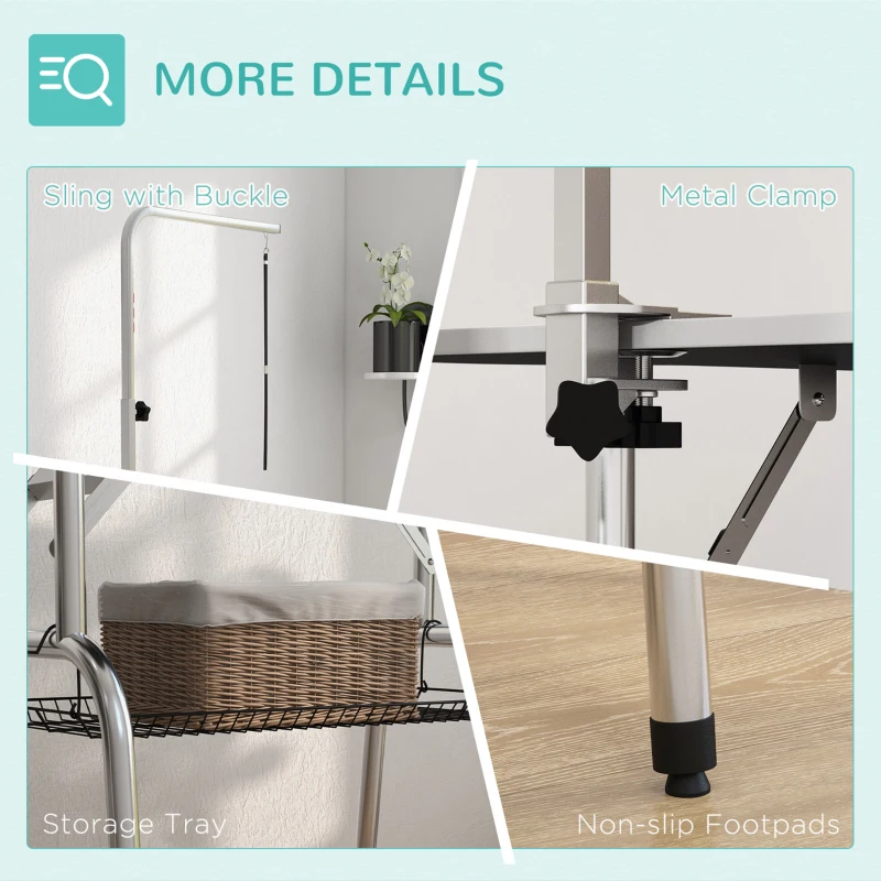 PawHut Pet Foldable Grooming Table w/ Adjustable Arm Non-Slip Tabletop Leash