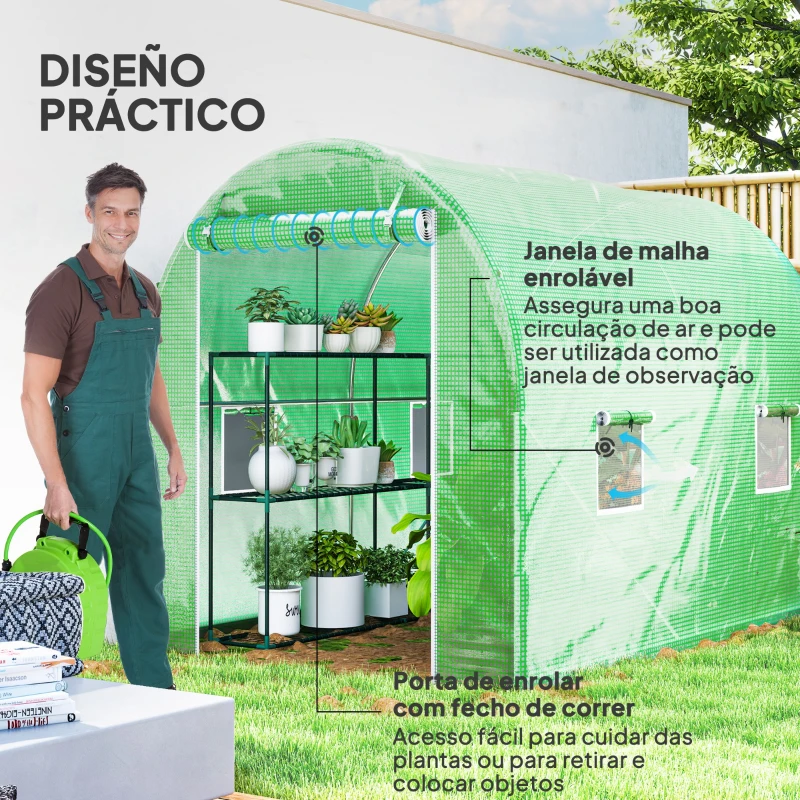 Outsunny Estufa Tipo Túnel 298x197x189 cm com Porta e 4 Janelas para Cultivo de Plantas e Verduras com Cobertura PE 140g/㎡ Verde