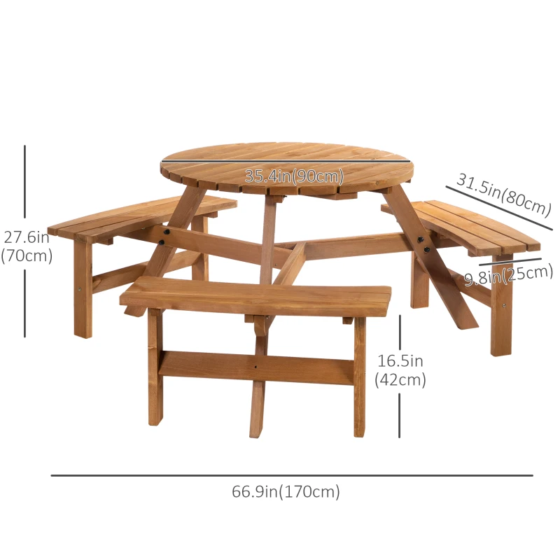 Outsunny Round Table W/3 Attached Benches-Fir Wood