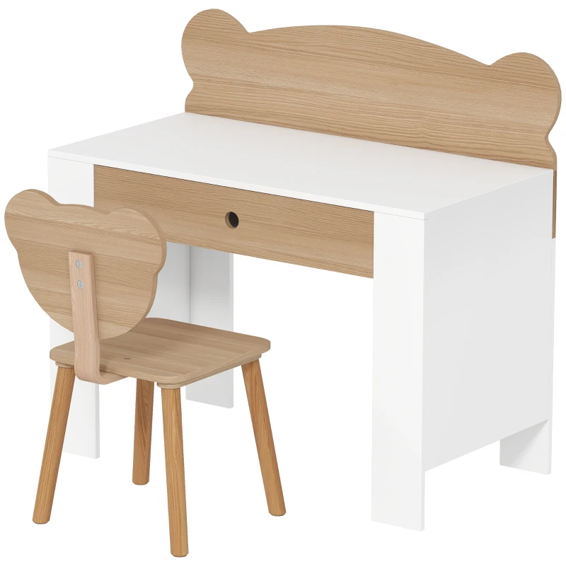 AIYAPLAY Secretária para Crianças com Cadeira em Forma de Ursinho Secretária Infantil com Gaveta para Estudar Ler e Desenhar Branco e Madeira