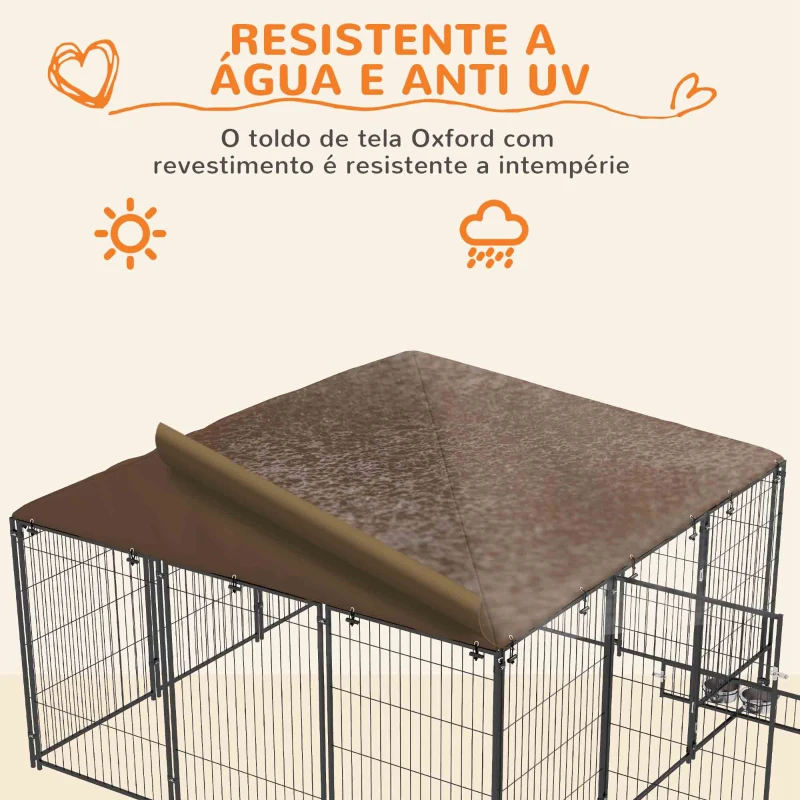 PawHut Parque para Cães com Toldo Canil para Exterior com Suporte Giratório para Comida 2 Tigelas 211x211x151 cm Preto Marrom