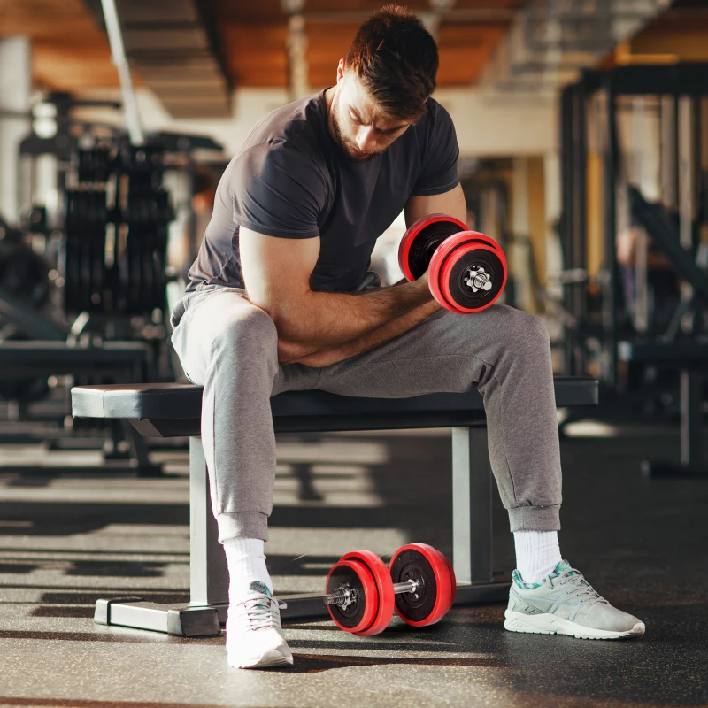 HOMCOM dumbbell set 20 kg 2-IN-1 dumbbells & barbells verstelbaar gewichtheffen voor thuis fitness spier rood + zwart 21,5 x 21,5 x 3,8 cm