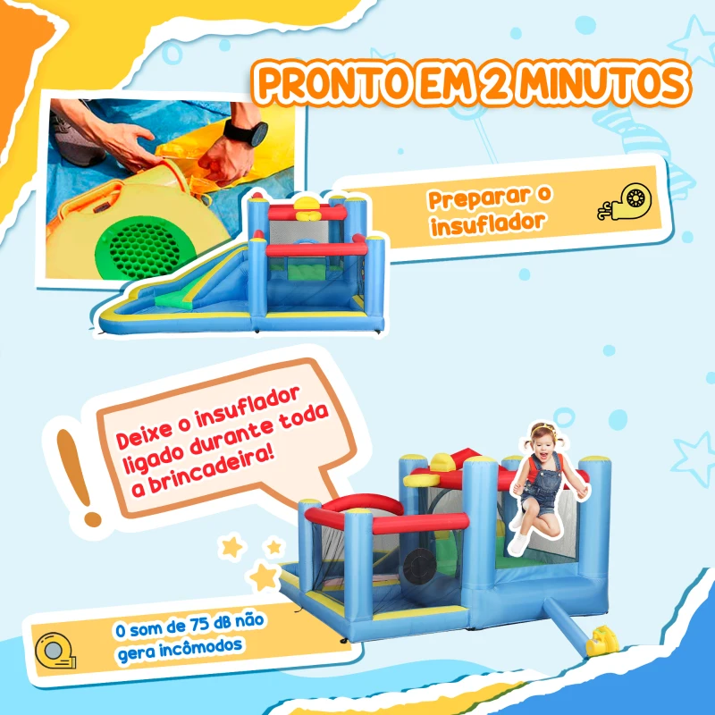 AIYAPLAY Castelo Insuflável 5 em 1 Parque Aquático Insuflável para Crianças com Escorrega Piscina Alvo e Cesta  385x290x180 cm Multicor