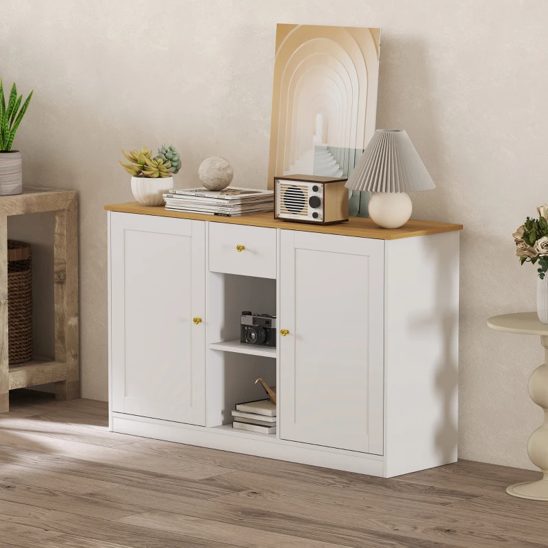 HOMCOM Küchenkommode, Sideboard mit Schublade, Schränken, Regalen, Spanplatte, Weiß(m-7)