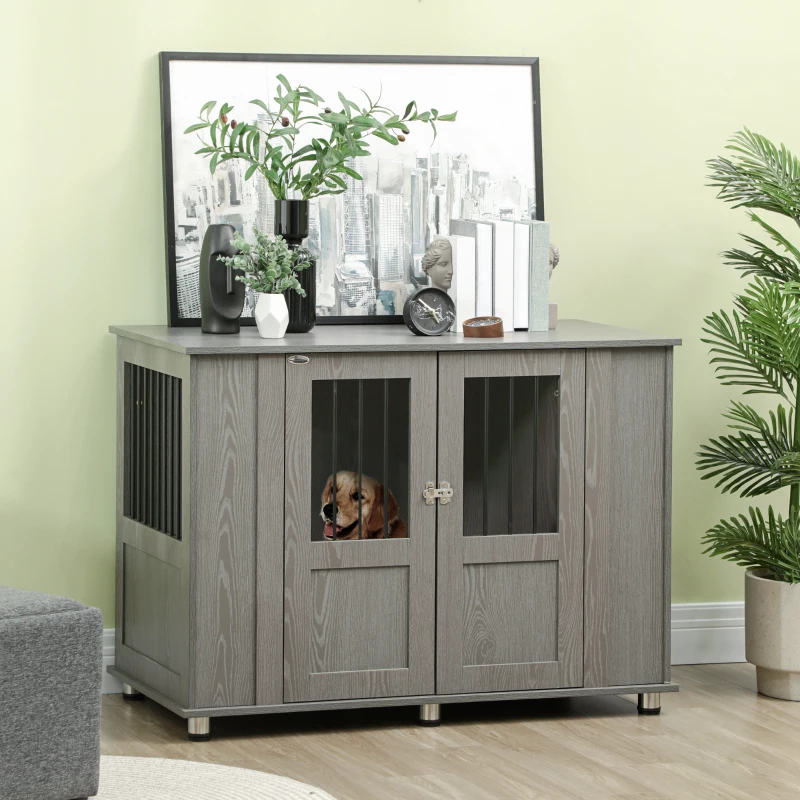 PawHut Gaiola para Cães Grandes Desmontável 2 em 1 Mesa Auxiliar com 2 Portas com Trava e 4 Janelas 114x60x82 cm Cinza