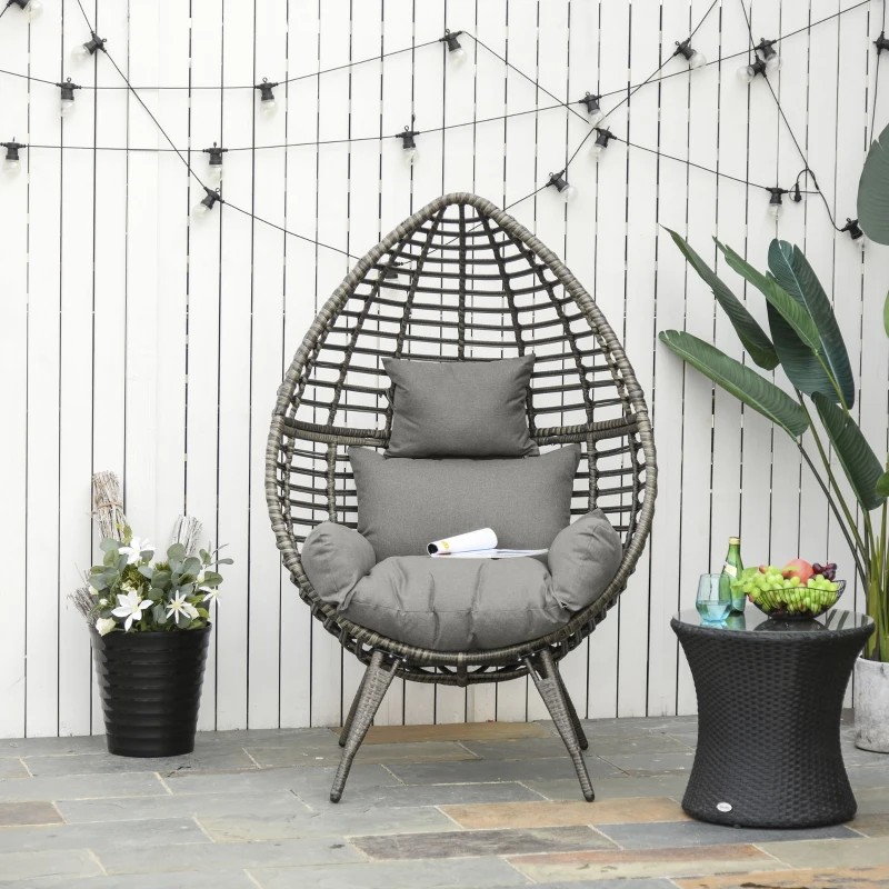 Outsunny eardop PE Wicker Rattan Chair w/ Thick Cushions 4 Legs Outdoor Seat Egg Garden