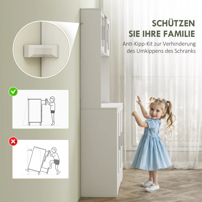 HOMCOM Keukenkast, Scandinavisch Design, 4 Kasten, Verstelbare Planken, Glazen Deuren, Open Vak, Spaanplaat, MDF, Wit(m-7)