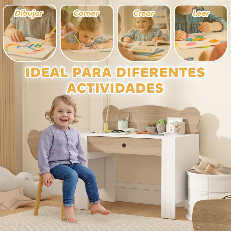 AIYAPLAY Escritorio Infantil con Silla en Forma de Osito con Cajón para Leer y Estudiar Mesa 80x41x74,5 cm y Silla 32,5x38x59 cm