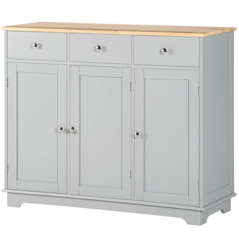 HOMCOM Sideboard with Rubberwood Top and Adjustable Shelves for Dining Room, Kitchen - Grey