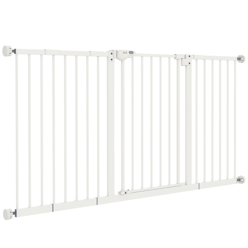 PawHut Barrera de Seguridad Extensible con Cierre Automático y Sistema de Doble Bloqueo Metal 74-147,5x76,2 cm Blanco