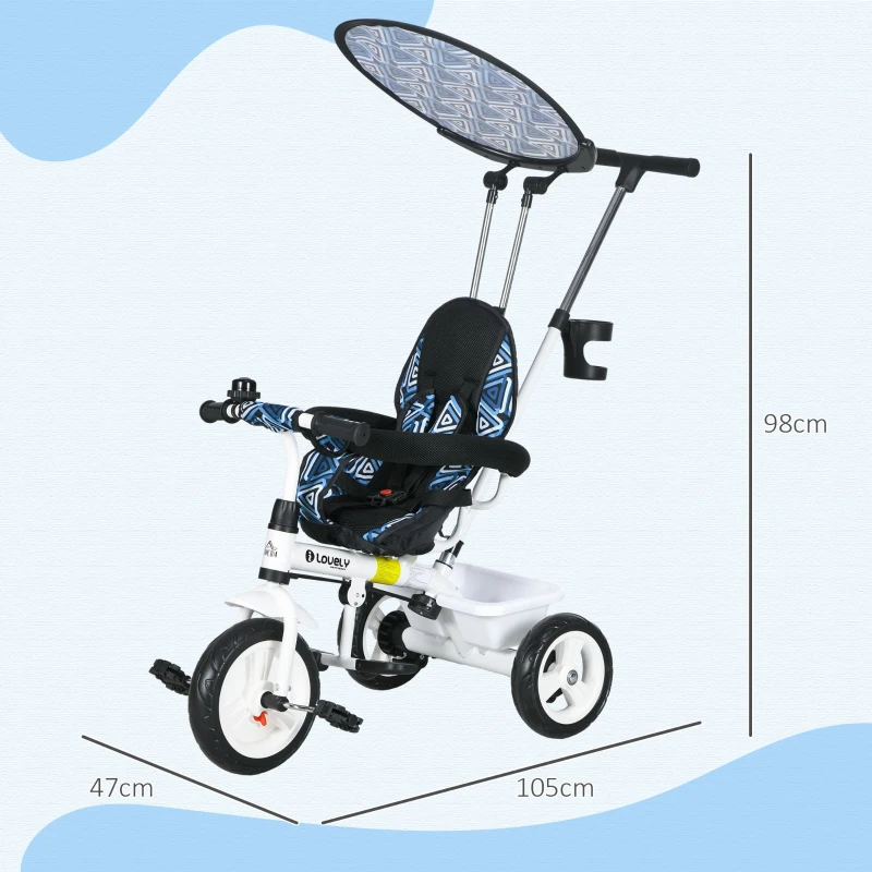 HOMCOM Triciclo para Bebés de +12 Meses con Toldo Plegable Mango de Empuje Telescópico Desmontable y Portabotellas Azul Blanco