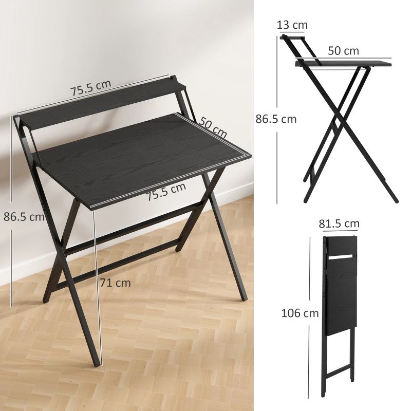 HOMCOM Birou Pliabil cu Raft pentru Monitor, 81,5x62x86,5 cm Negru