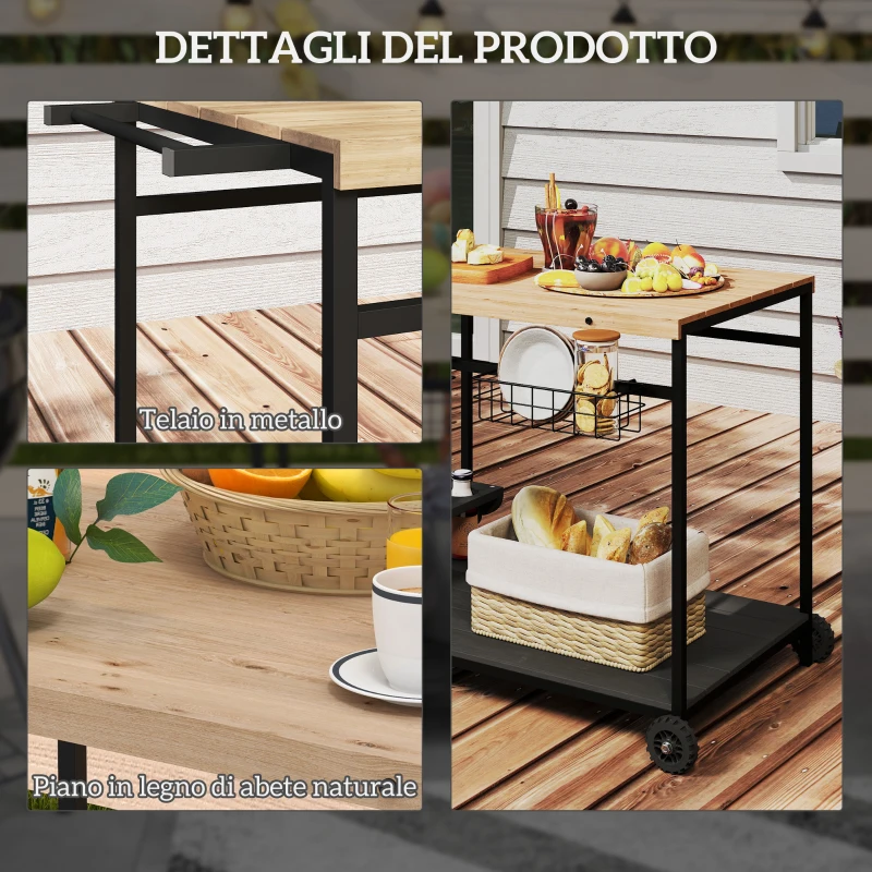 Outsunny Carrello da Giardino a 2 Ripiani, 2 Cesti e 4 Spazi Portabottiglie, in Legno di Abete, 97.5x65x81 cm