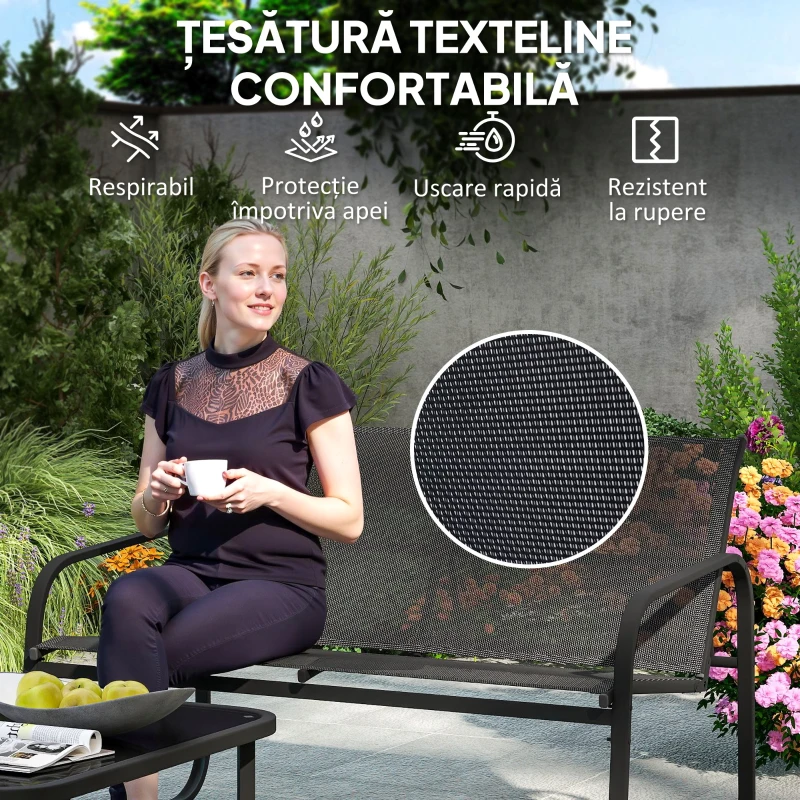 Outsunny Set de Grădină cu 2 Canapele cu 2 Locuri, 2 Fotolii și o Măsuță de Cafea cu Blat din Sticlă, Negru