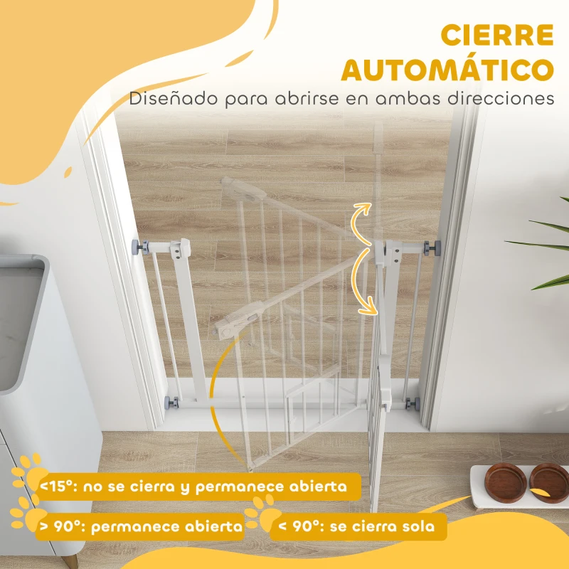 PawHut Barrera de Seguridad Extensible con Puerta Pequeño Cierre Automático y Sistema de Doble Bloqueo 74-80x76,2 cm Blanco