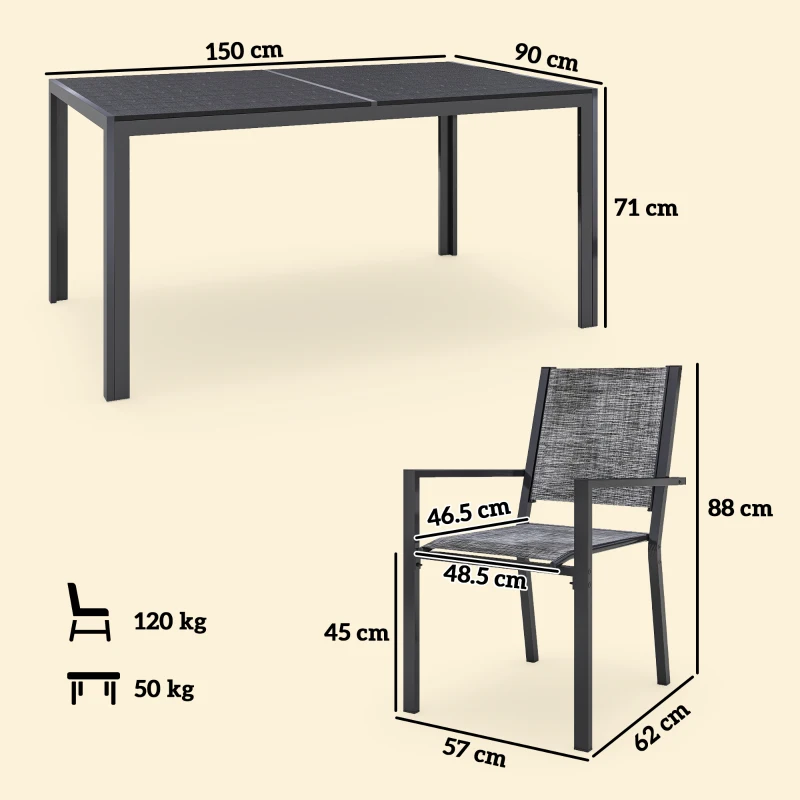 Outsunny Set Masă de Grădină cu Scaune, 7 Piese, Set de Prânz cu Masă cu Blat din Lemn Compozit cu Șipci și 6 Scaune de Exterior Stivuibile, Mobilier din Oțel cu Texteline, Gri și Negru