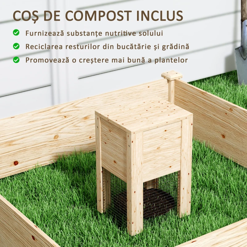 Outsunny Jardinieră de Exterior cu Compostor și Bază Deschisă din Lemn de Brad, 123x123x25,5 cm, Lemn Natural