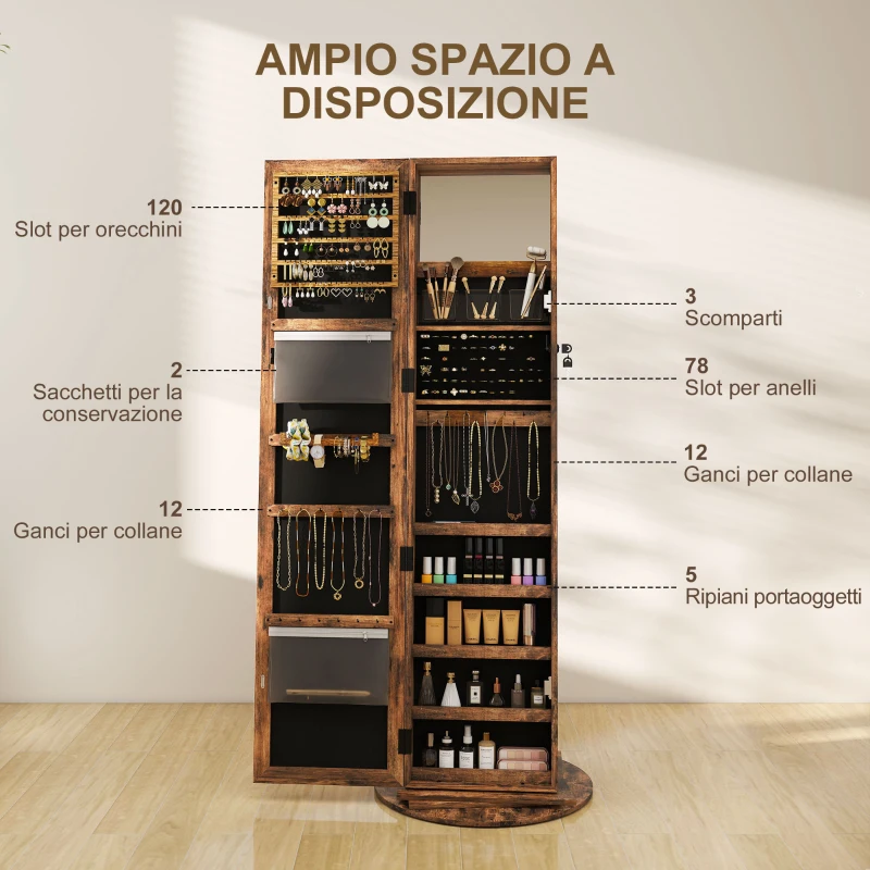 HOMCOM Specchio Portagioie da Terra Girevole a 360° con Ripiani e Chiusura a Chiave, 55x55x161 cm, Marrone Rustico