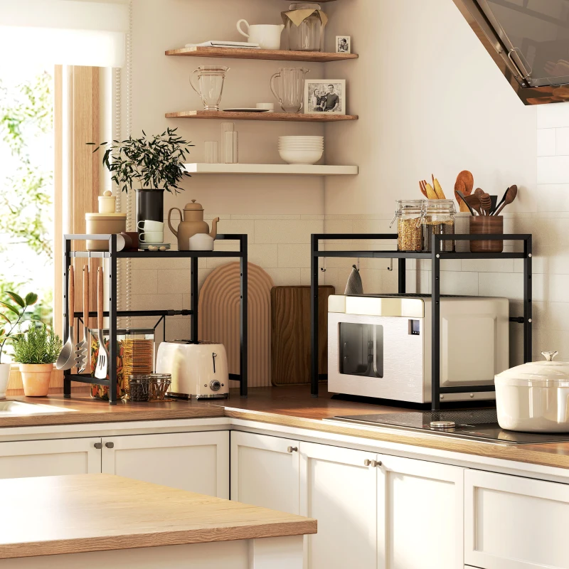 HOMCOM Suport extensibil pentru cuptor cu microunde pe 2 niveluri cu 3 cârlige, din metal, negru